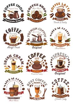 coffee shop logos and emblems with different types of coffee beans, espresso, cappuccino