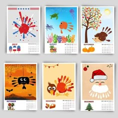 four calendars with different images of animals and trees on them, all decorated in the same