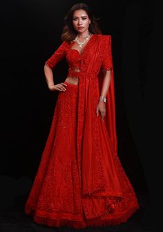 Archana Kochhar-Red Shimmer Embellished Lehenga Set-INDIASPOPUP.COM Lehenga With Belt, Beaded Lehenga, Blouse Organza, Dupatta Embroidery, Lehenga And Blouse, Organza Lehenga, Blouse Silk, Red Lehenga, Designer Dresses Casual