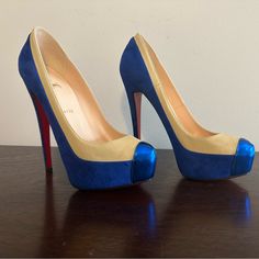 Suede Nappa Mirror Mago 160 Pumps Size 40, Blue. This Is An Authentic Christian Louboutin Suede Nappa Mirror Mago 160 Pumps Size 40 In Blue. These Stylish Pumps Are Crafted Of Blue Suede, Beige Smooth Leather, With Metallic Blue Patent Leather Trim At The Toe. These Pumps Feature A 5.5 Inch Wrapped Stiletto And 1 Inch Platform With The Iconic Look Only From Christian Louboutin! Ships In Box, Includes Both Heels, Dust Bag And Tissue Paper Used In Original Packaging. These Would Make An Incredible Designer Blue Leather Heels, Designer Blue Pointed Toe Heels, Elegant Blue Heels With Contrasting Heel Counter, Elegant Blue Heels With Contrasting Heel, Blue Heels With Branded Insole For Evening, Designer Blue High Heel Shoes, Designer Blue High Heels, Luxury Fitted Blue Heels, Blue Leather Heels With Branded Insole