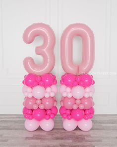 Pink and Fuchsia Double Number Balloon Columns from Balloon Expert Pastel Balloon Columns, Balloon Column With Numbers, Pink Balloon Columns, Balloon Arrangements Birthday, Number Balloon Columns, Pink Balloon Decorations, Number Balloon Bouquet, Barbie Balloons, Balloon Topiary