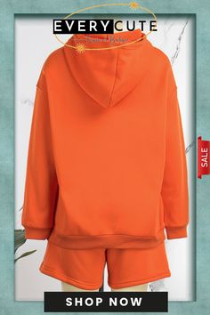 Orange Casual Letter Basic Hooded Collar Long Sleeve Two Pieces Orange Long Sleeve Sweatshirt With Drawstring Hood, Orange Winter Top With Drawstring Hood, Oversized Orange Hoodie With Long Sleeves, Oversized Orange Long Sleeve Hoodie, Casual Orange Hoodie With Drawstring, Casual Orange Hoodie Outerwear, Casual Orange Hoodie, Wholesale Fashion, Two Pieces