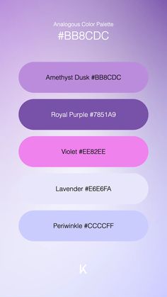 Analogous Color Palette Amethyst Dusk #75007D · Royal Purple #7D007D · Violet #EE82EE · Lavender #E6E6FA · Periwinkle #CCCCFF Regal Elegance, Royal Purple, Color Palettes