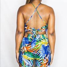 Two Piece Tropical Print Wide Leg Pant Set Tie Waist Band Blue Tropical Print Summer Bottoms, Blue Tropical Print Bottoms For Spring, Blue Floral Print Pants For Vacation, Blue Floral Print Pants For Day Out, Printed Wide Leg Pants, Tropical Print, Wide Leg Pants, Pants Set, Pant Jumpsuit