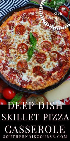 the deep dish skillet pizza casserole is ready to be eaten and served