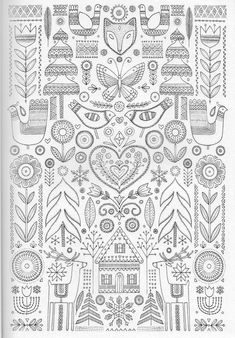 an intricately designed pattern with birds, flowers and leaves in grey on white paper