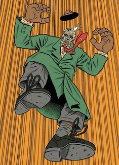 a drawing of a man with his hands up in the air while wearing a green suit