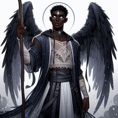 an angel with wings holding a staff in his hand