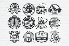 beer badges and emblems on a white brick wall