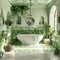 a bathroom with green tiles and plants on the walls, floor and bathtub in it