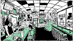 a black and white drawing of people at a bar