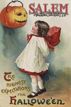 size: 18x12in Art Print: Salem, Massachusetts - Halloween Greeting - Girl in Red and White - Vintage Artwork by Lantern Press : Old Fashioned Halloween, Autumn Images, Vintage Halloween Cards, Vintage Halloween Images, Carte Halloween, Postal Vintage, Scrap Art, Holiday Goodies, Mini Cards