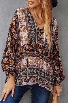 Black Floral Print Loose Drawstring V Neck Blouse Black Bohemian Printed Blouse, Black Long Sleeve Top With Boho Print, Spring Black Boho Print Tops, Black Boho Print Tops For Spring, Black Bohemian Tops With Boho Print, Black Bohemian Blouse With Floral Print, Black Bohemian Top With Boho Print, Floral Sleeve, Black Floral Print