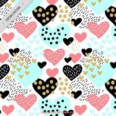 a pattern with hearts and dots on a blue background that has gold, black, and pink colors