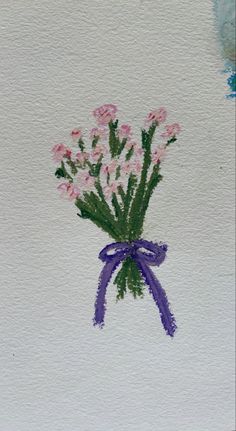 a bouquet of pink flowers with purple ribbon on a white paper background and blue watercolor paint