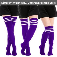 Extra Long Warm Knit Striped Thigh Highs Leg Warmers-Purple & White St