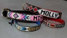 three dog collars with different designs on them