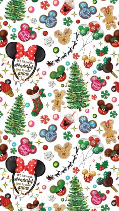 mickey and minnie mouse christmas wallpaper with trees, ornaments and other holiday themed items