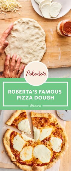 the cover of roberto's famous pizza dough is shown with hands holding a slice