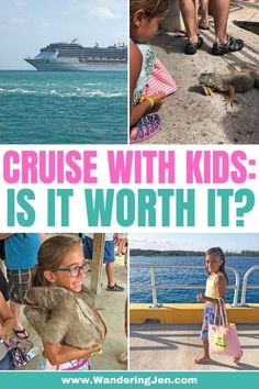 there is a collage of pictures with kids and animals on the beach, including a cruise ship in the background