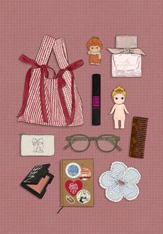 the contents of a purse are laid out on a pink background, including an eyeglasses, hair combs, and other items