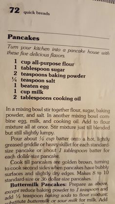 recipe for pancakes with instructions on how to make them