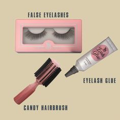 an image of eyelashes and eyeliners with text that reads false eyelashes, eylash glue, candy hairbrush