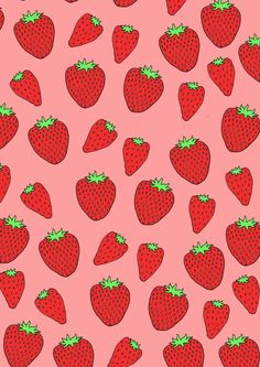 red strawberries with green leaves on a pink background seamless wallpaper pattern stock photo