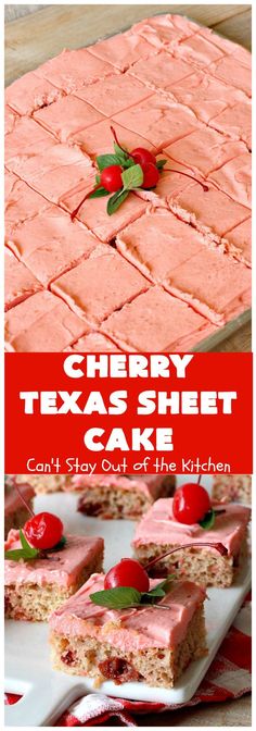 cherry texas sheet cake is cut into squares and served on a plate with cherries