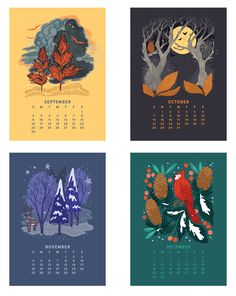 four calendars with trees and birds on them, each showing the month in different colors