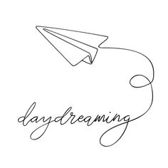 the word daydreaming written in cursive handwriting with an airplane flying above it