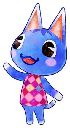 a drawing of a blue cat wearing a pink and orange checkered shirt with big eyes