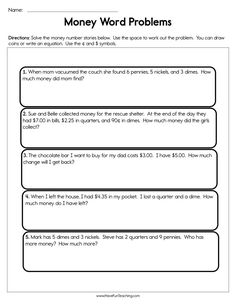 money word problems worksheet with answers for students to solve the problem in their class