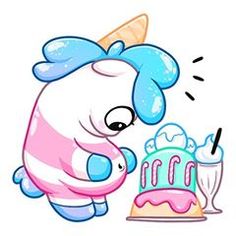 a cartoon character blowing out the candles on a birthday cake with an ice cream sundae