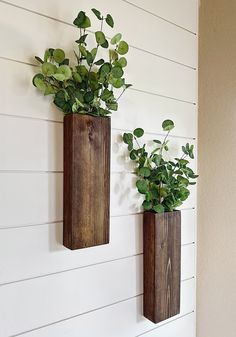 two wooden vases with plants in them on the wall