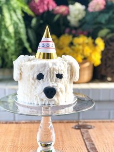 a dog cake with a party hat on it's head sitting on a glass plate