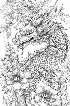 a black and white drawing of a dragon surrounded by flowers