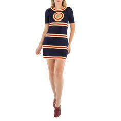 Rabanne Ladies Dresses. Fashion category: Casual Dresses. SKU: 23FMRO637ML0231-V478. Color: Navy / Gold. Rabanne Ladies Navy / Gold Stripe-Jacquard Minidress. This mini dress features lurex detailing, a horizontal stripe pattern, a circle motif, a crew neck, a scoop back, short sleeves, and a straight hem. Viscose 78%, Polyamide 18%, Elastane 3%, Polyester 1% Size: S.  Color: Multicolor.  Gender: female.  Age Group: adult. Ladies Dresses, Navy Gold, Gold Stripes, A Circle, Stripes Pattern, Gender Female, Casual Dresses, Age Group, Cocktail Dress