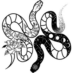 a black and white drawing of a snake with flowers on it's back end