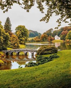 a bridge over a river in the middle of a lush green park