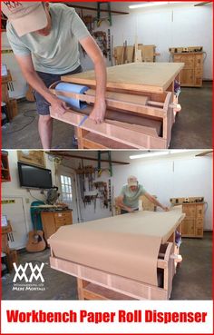 two pictures of a man working on a piece of workbench paper roll dispenser