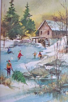 a painting of people playing in the snow near a house and water wheelbarrow