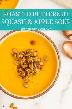 roasted butternut squash and apple soup in a bowl with spoons on the side