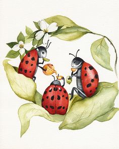 three ladybugs are sitting on top of green leaves and one is eating something