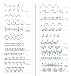 two different types of stitching patterns on white paper with black and white writing in the middle