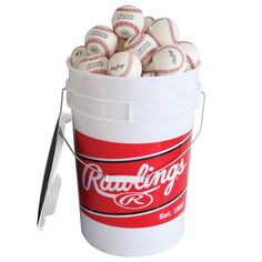 a bucket full of rawlings baseballs with a pair of tongs in it