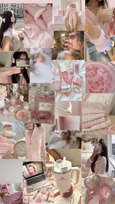 a collage of photos with pink and white colors