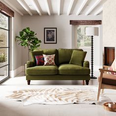 a living room filled with furniture and a plant in the corner on top of a rug