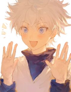 an anime character with blonde hair and blue eyes holding his hands up in the air