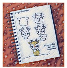 a notebook with drawings of deers on it and stars around the page, which reads day 4 reindeer